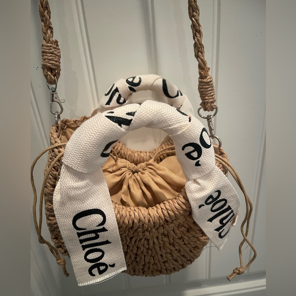 Chic Tan Woven Crossbody Bag with White Handles